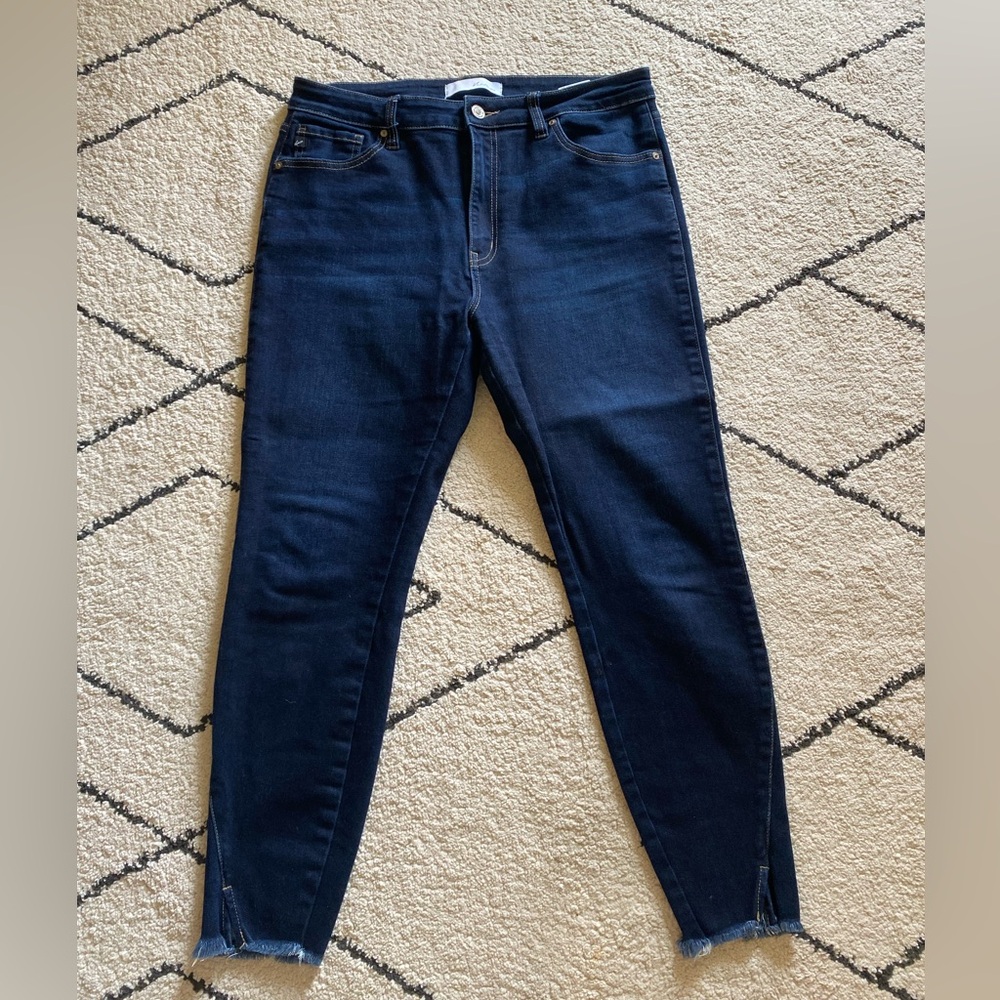 KanCan Dark Wash High Rise Skinny Jeans Raw Hem Ankle Slit Size Women’s 13/30